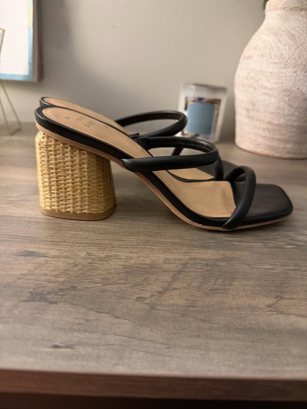 a new day Black Strappy Mule with Woven Tan Block Heel!